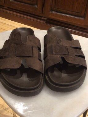 H&M Men's Brown Suede Dual Strap Slide Sandals
